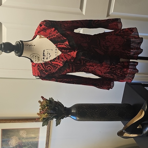 Cato Dresses & Skirts - Cato Red and Black V-Neck, Floral Long Sleeve Ruffled Shirt, Indonesia, Size M